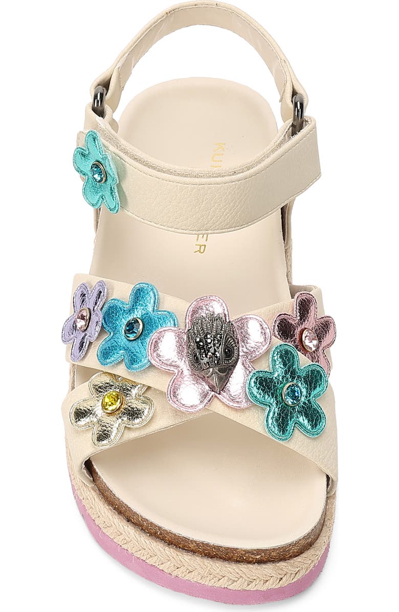 Kurt Geiger London Kids' Mini Kensington Flower Espadrille Ankle Strap Platform Sandal, Alternate, color, Bone Multi