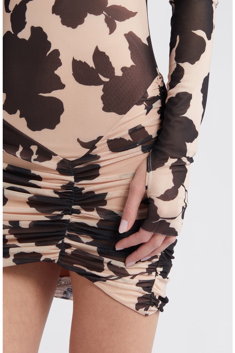 Floral Long Sleeve Ruched Mesh Minidress, Alternate, color, SHADOW FLORAL
