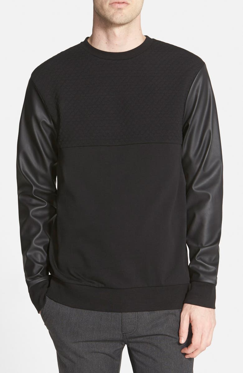 Topman Quilted Chest Panel Sweatshirt with Faux Leather Sleeves, Main, color,