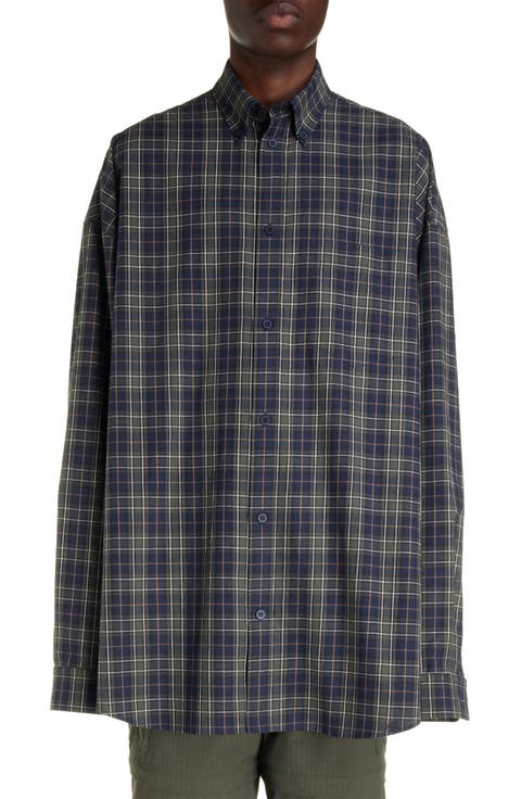 Check Oversize Cotton Flannel Button-Down Shirt