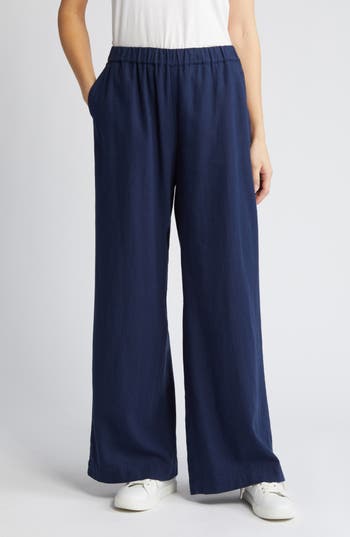 Caslon Wide Leg Pull-on Linen Blend Pants In Blue