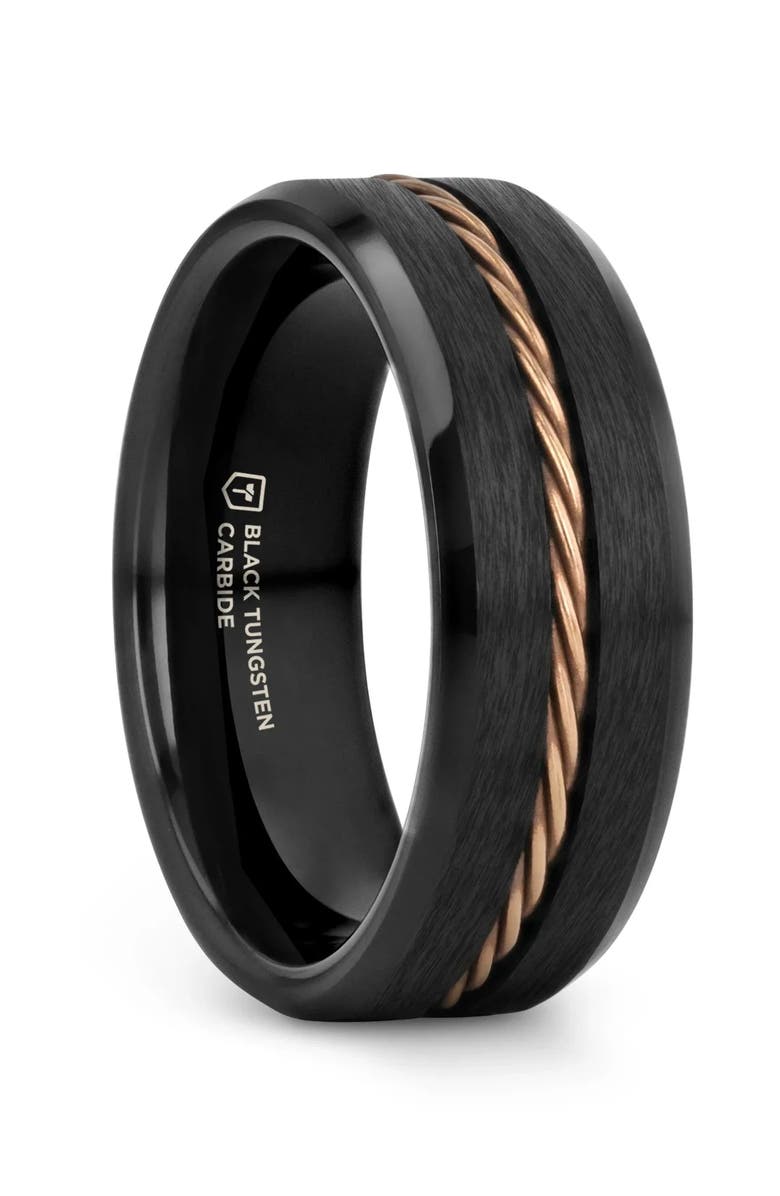 Larson Jewelers ADELARD Braided Cable Tungsten Wedding Band Brushed Center with Polished Beveled Edges, Main, color, Black / Rose Gold 8Mm