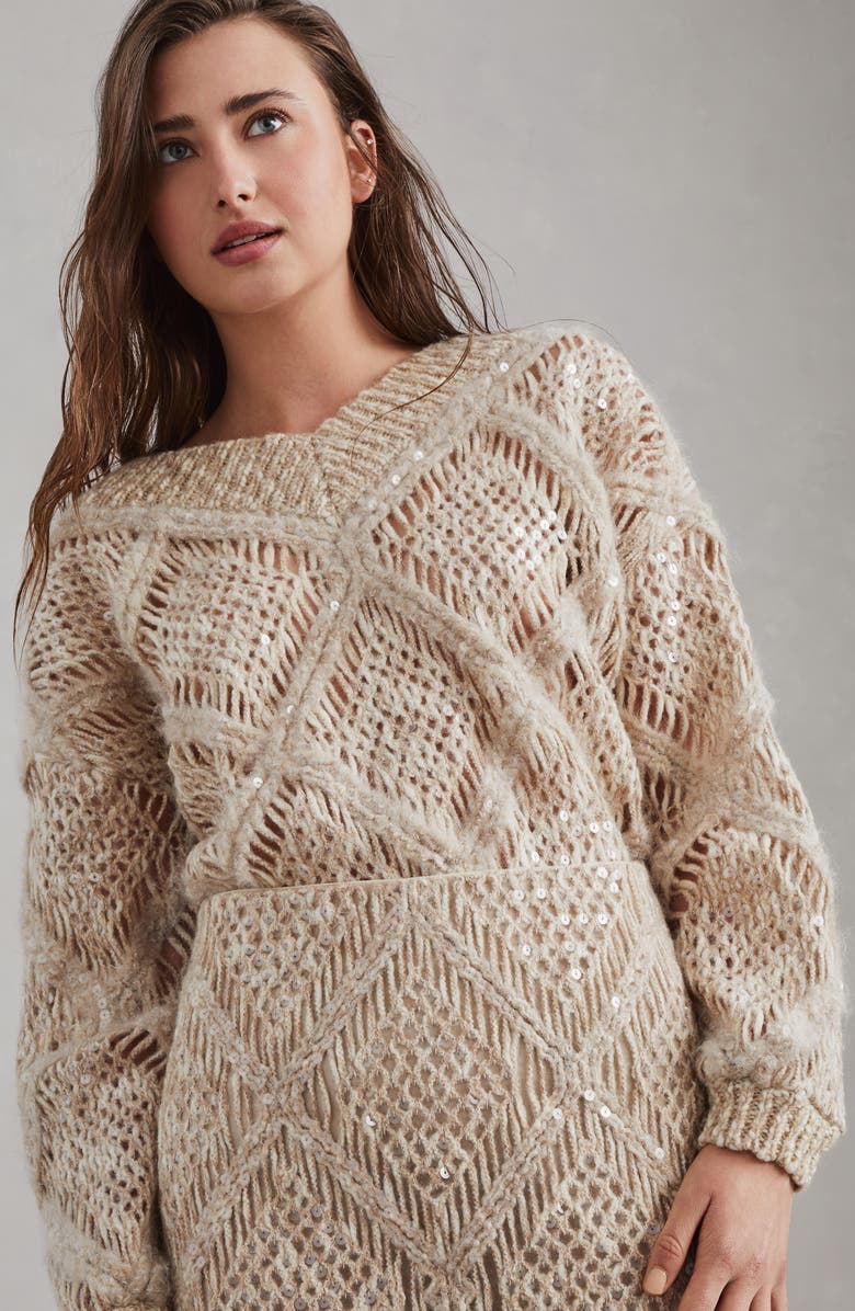 Brunello Cucinelli Wool and alpaca knit skirt with dazzling macro argyle embroidery, Alternate, color, 