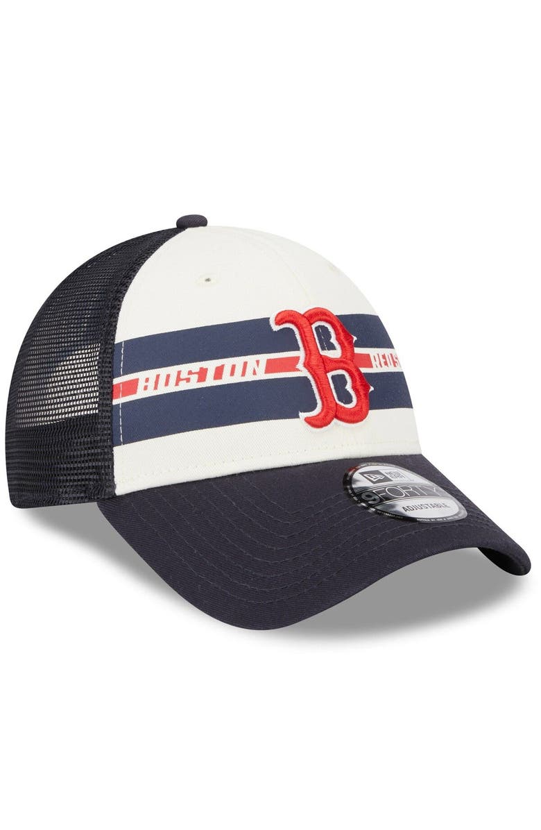 New Era Men's New Era White/Navy Boston Red Sox Team Stripe Trucker 9FORTY Snapback Hat, Alternate, color, White