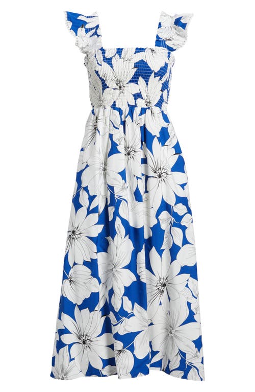 Anne Klein Plus Size Floral-print Smocked Ruffled-sleeve Cotton Midi Dress In Palace Blue Multi
