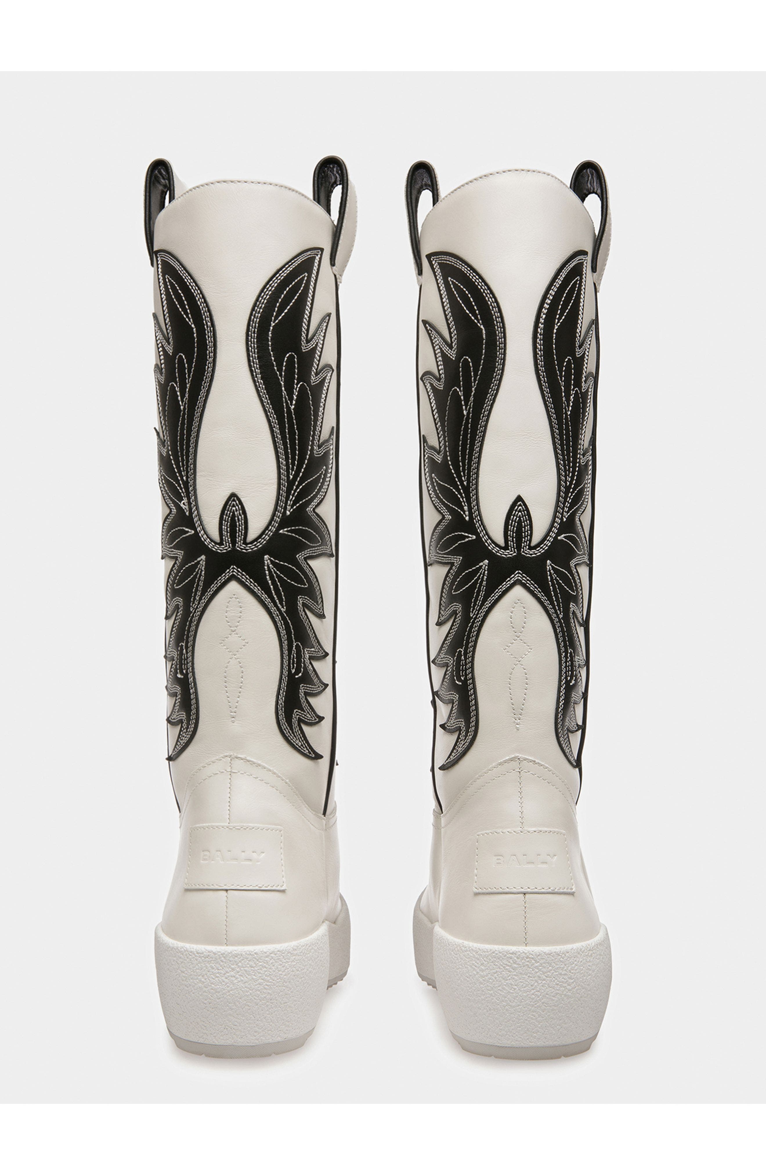 Bally Chambery Leather Long Boots, Alternate, color, White/Black