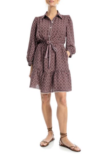 Max Studio Long Sleeve Button Front Crepe Dress In Brown