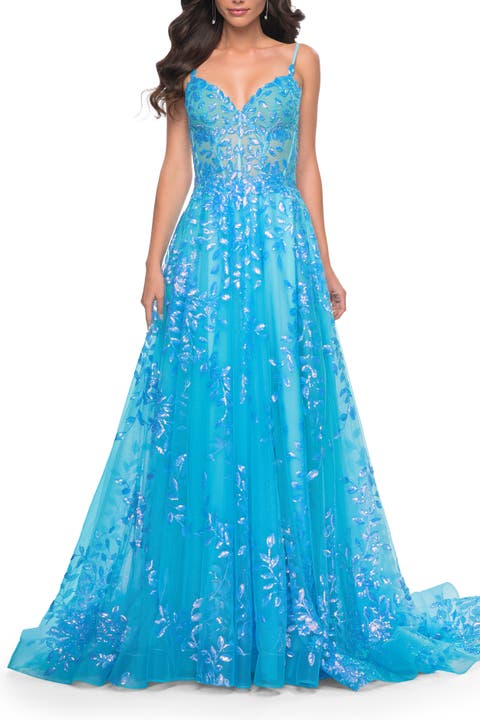 Sequin Lace Print Tulle A-Line Prom Dress with Illusion Bodice