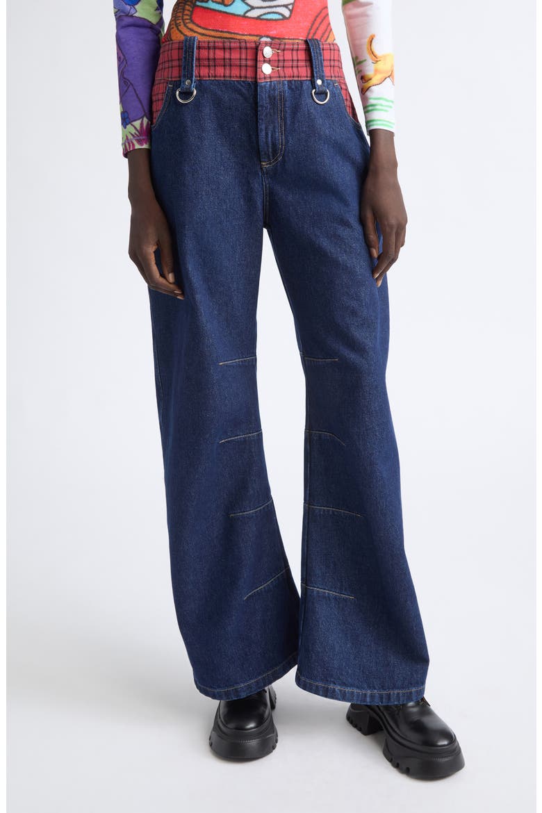 High Waist Plaid Apple Bottom Wide Leg Jeans, Main, color, DENIM