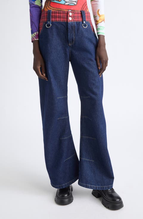 High Waist Plaid Apple Bottom Wide Leg Jeans