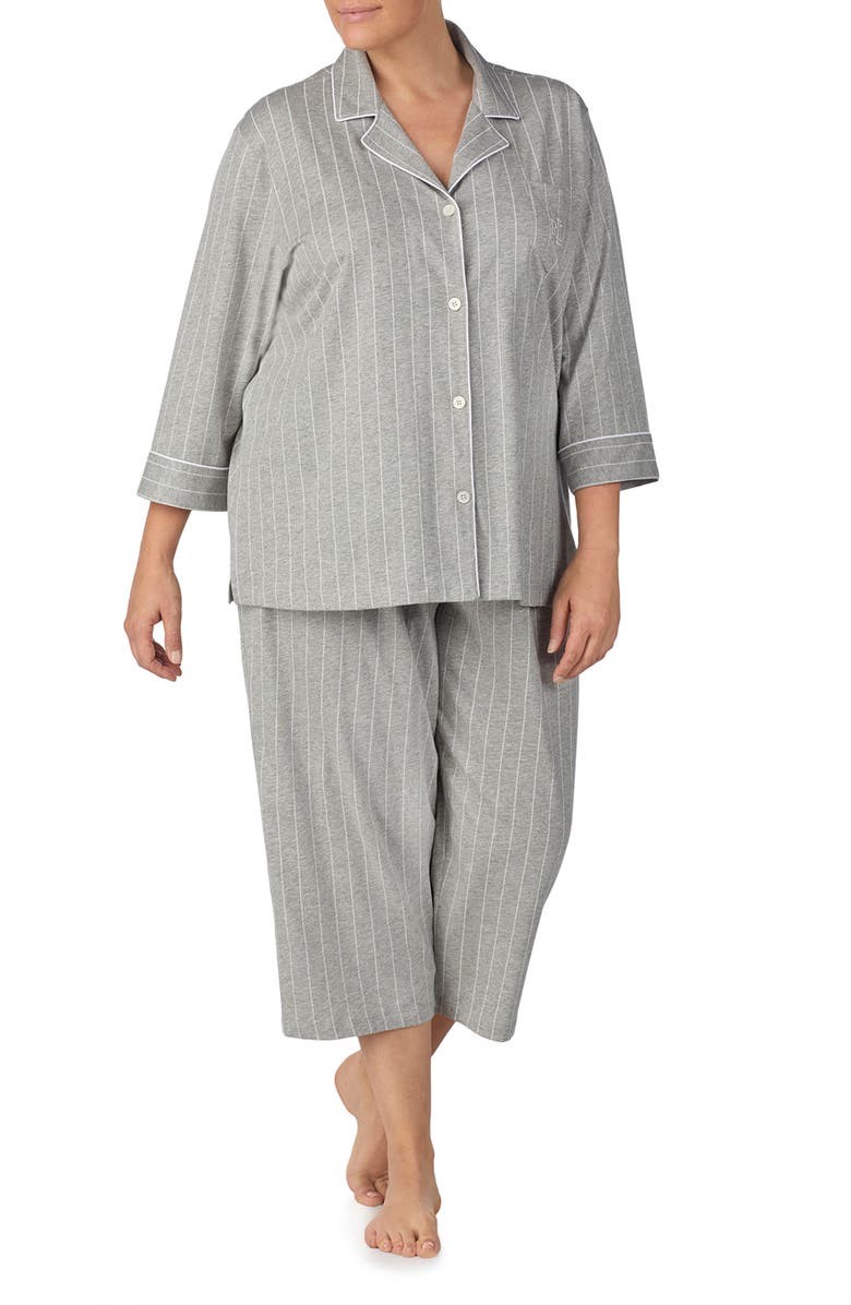 Lauren Ralph Lauren Knit Crop Pajamas, Alternate, color, Grey Stripe