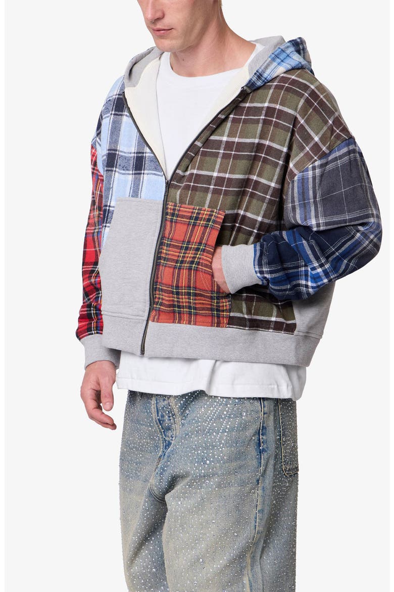 Patchwork Flannel Zip Crop Hoodie, Alternate, color, MULTI