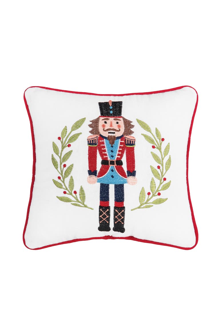 Nutcracker Wreath 100% Cotton Embroidered Accent Pillow 10" x 10", Main, color, White