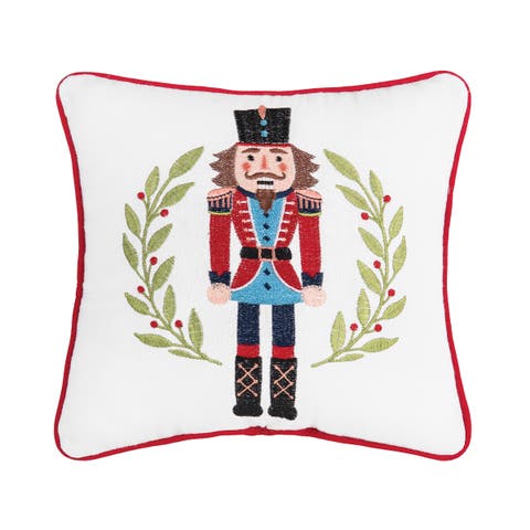 Nutcracker Wreath 100% Cotton Embroidered Accent Pillow 10" x 10"