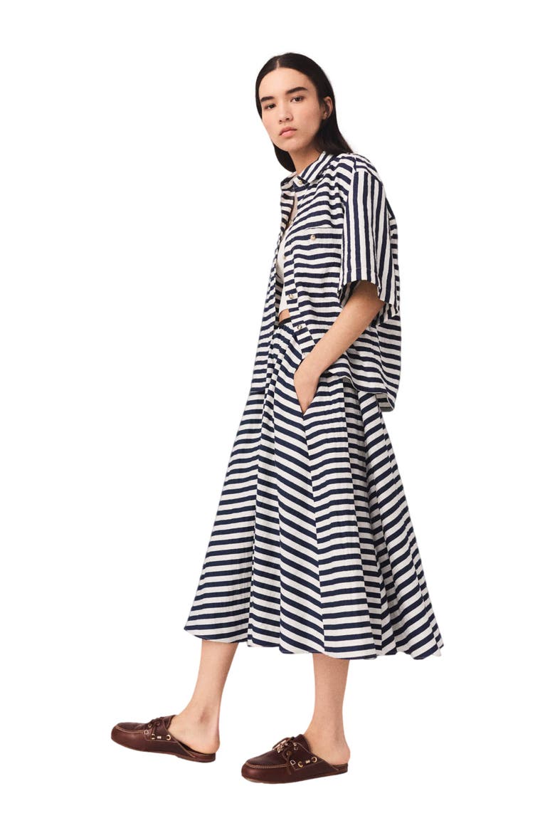 Linen-blend midi skirt, Alternate, color, White/blue