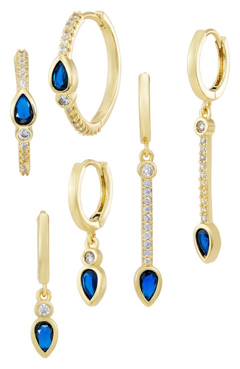 Set of 3 14k Gold Plated Cubic Zirconia Earrings