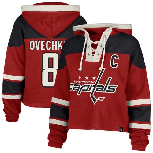 47 Brand '47 Alexander Ovechkin Red Washington Capitals Superior Lacer Cropped Pullover Hoodie In Black