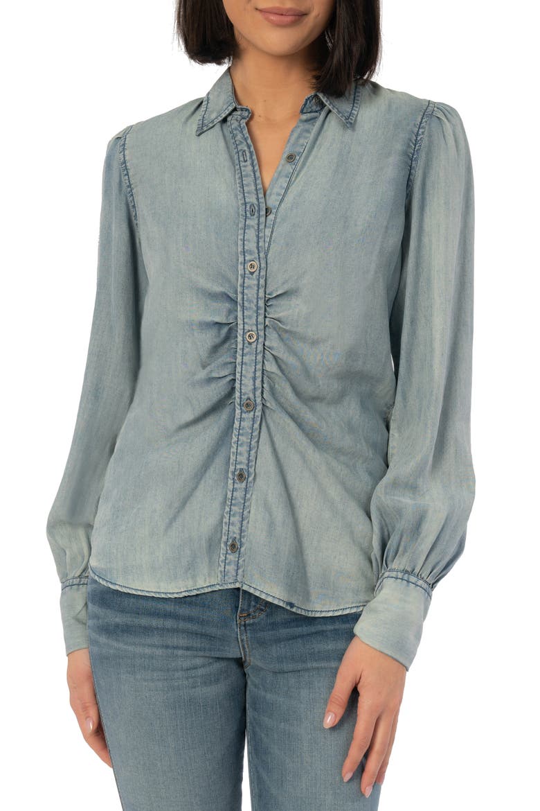 Ruby Ruched Denim Button-Up Shirt, Main, color, MEDIUM WASH