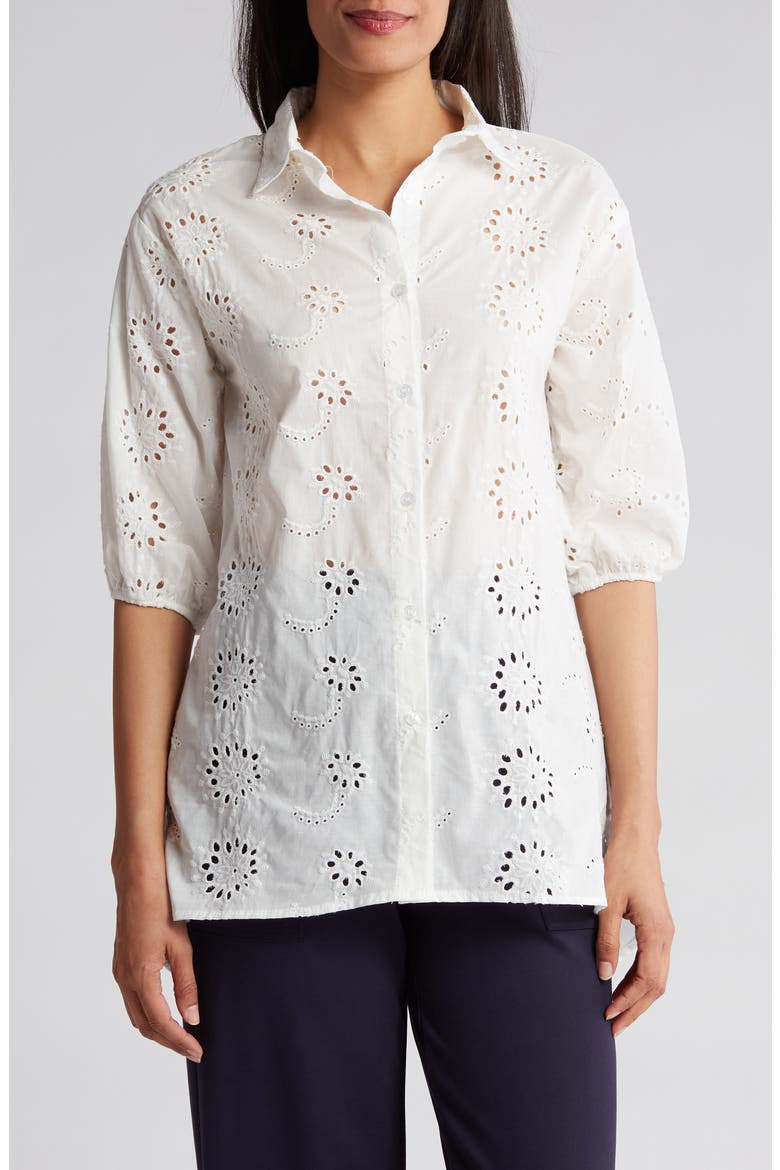 Cotton Eyelet Button-Up Shirt, Main, color, WHITE