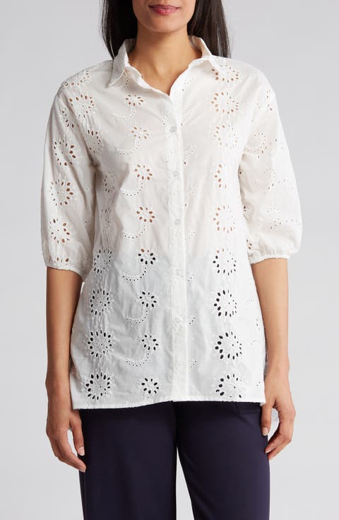 Cotton Eyelet Button-Up Shirt