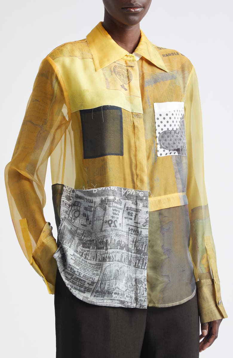 Jason Wu Collection Collage Sheer Organza Button-Up Shirt, Alternate, color, Yellow Multi