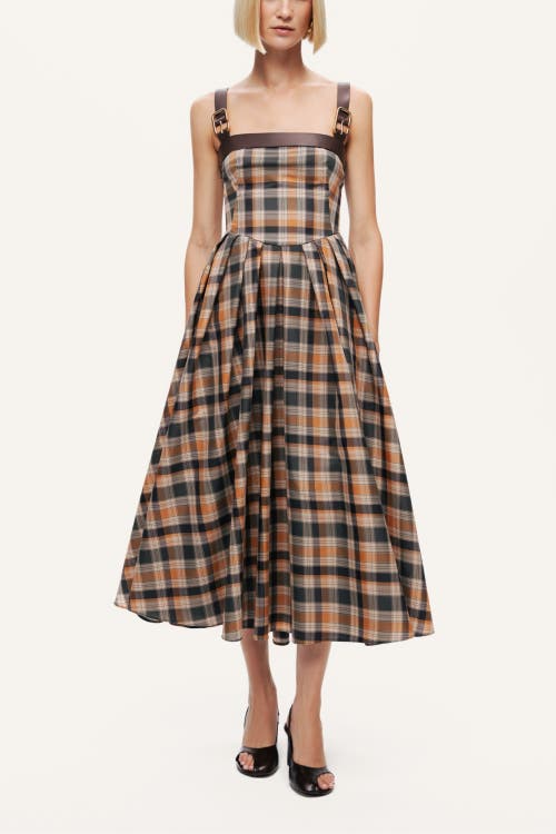 Nocturne Plaid Pleated Maxi Dress With Faux Leather Belt In Multi