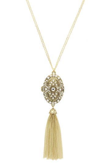 Olivia Welles Detailed Locket Tassel Necklace In Antique Gold