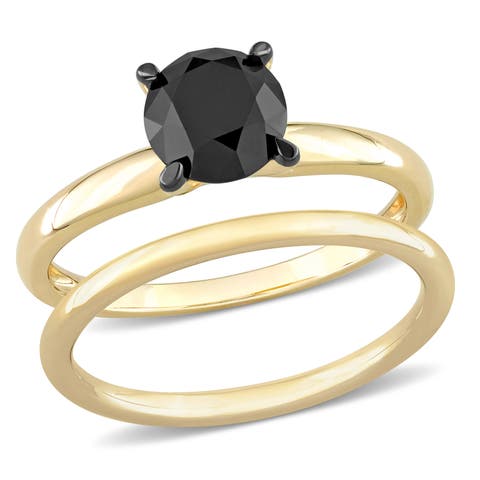 Black Diamond Solitaire Bridal Ring Set 14k