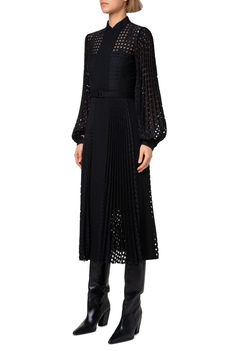 Akris punto Mixed Media Circle Grid Pleated Long Sleeve Midi Dress, Alternate, color,