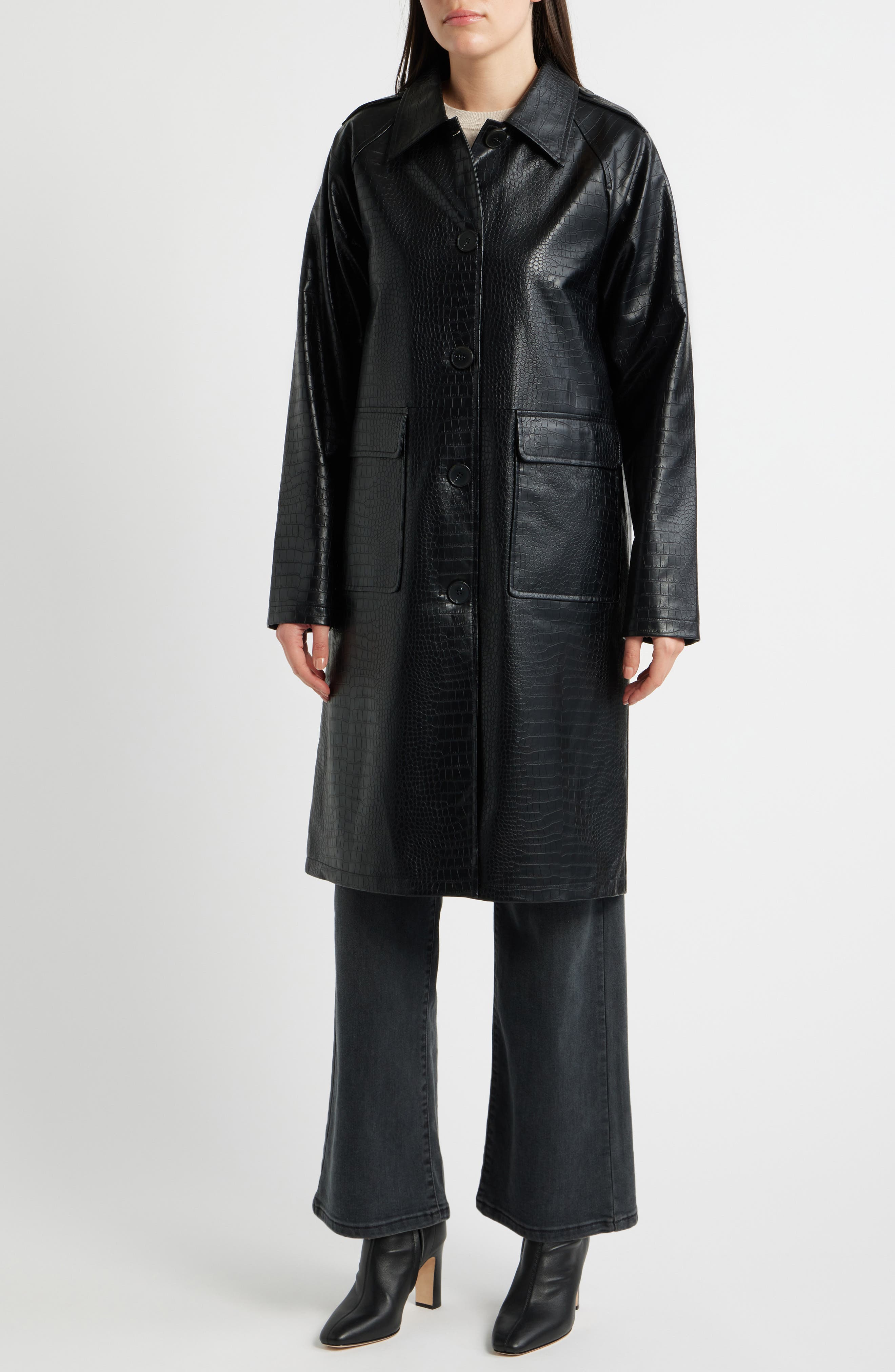 CLORE + クロレ　Cross over Trench Croc Embossed Faux Leather Trench Coat (Women) | Nordstrom