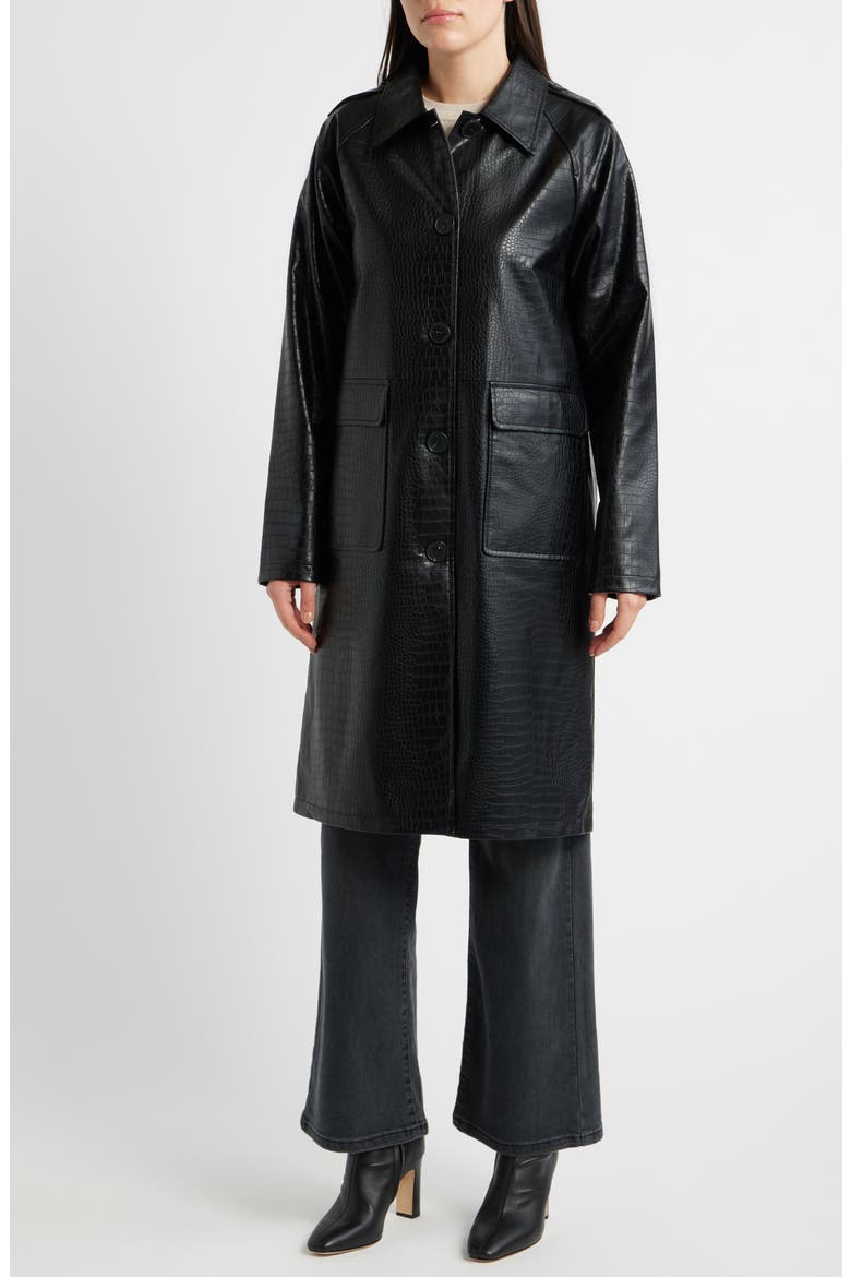 Croc Embossed Faux Leather Trench Coat, Alternate, color, BLACK