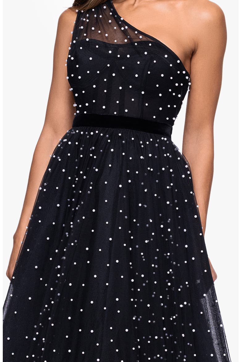 Faux Pearl One-Shoulder Tulle Cocktail Dress, Alternate, color, BLACK
