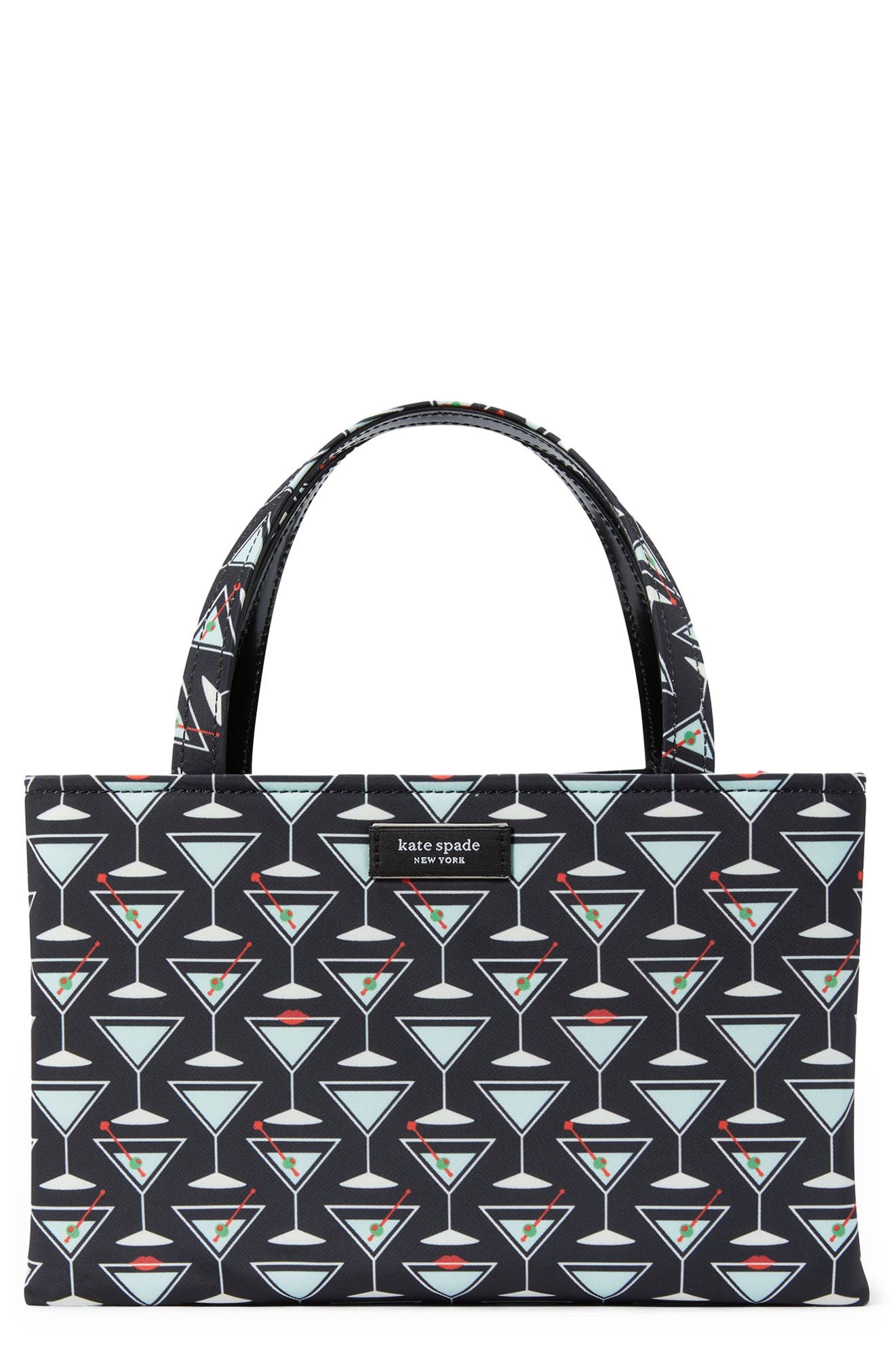 sam icon martini print recycled polyester tote, Main, color, BLACK MULTI.