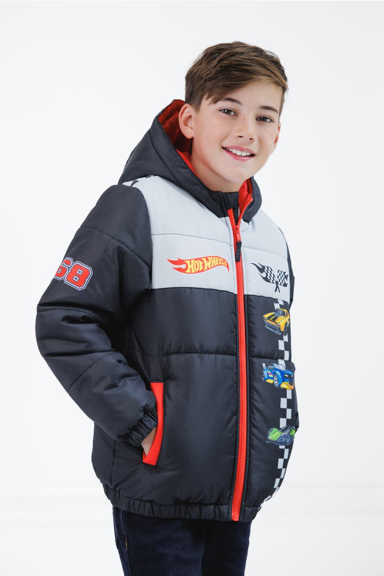 Racing Hooded Puffer Jacket, Alternate, color, Black Checkerboard