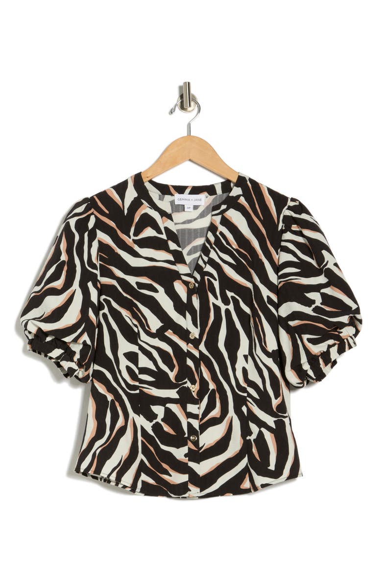 Puff Sleeve Button-Up Top, Alternate, color, BLACK IVORY