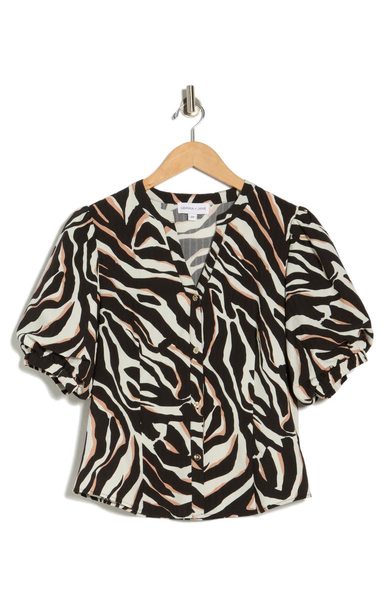 Gemma + Jane Puff Sleeve Button-Up Top, Alternate, color, Black Ivory