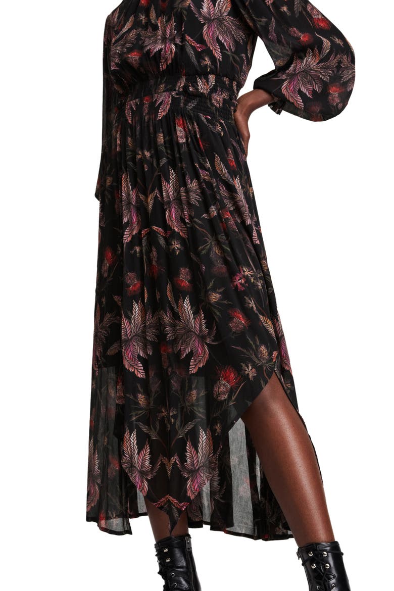 Harriet Harris Floral Print Long Sleeve Midi Dress, Alternate, color, BLACK