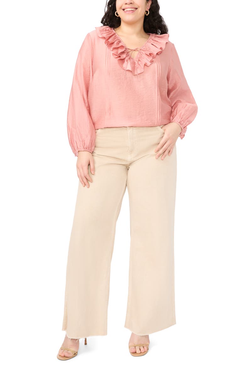 Ruffle Neck Pintuck Crinkle Satin Top, Alternate, color, CORAL DUSK