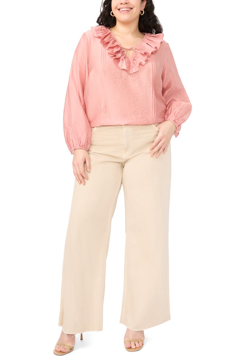 Vince Camuto Ruffle Neck Pintuck Crinkle Satin Top, Alternate, color, Coral Dusk