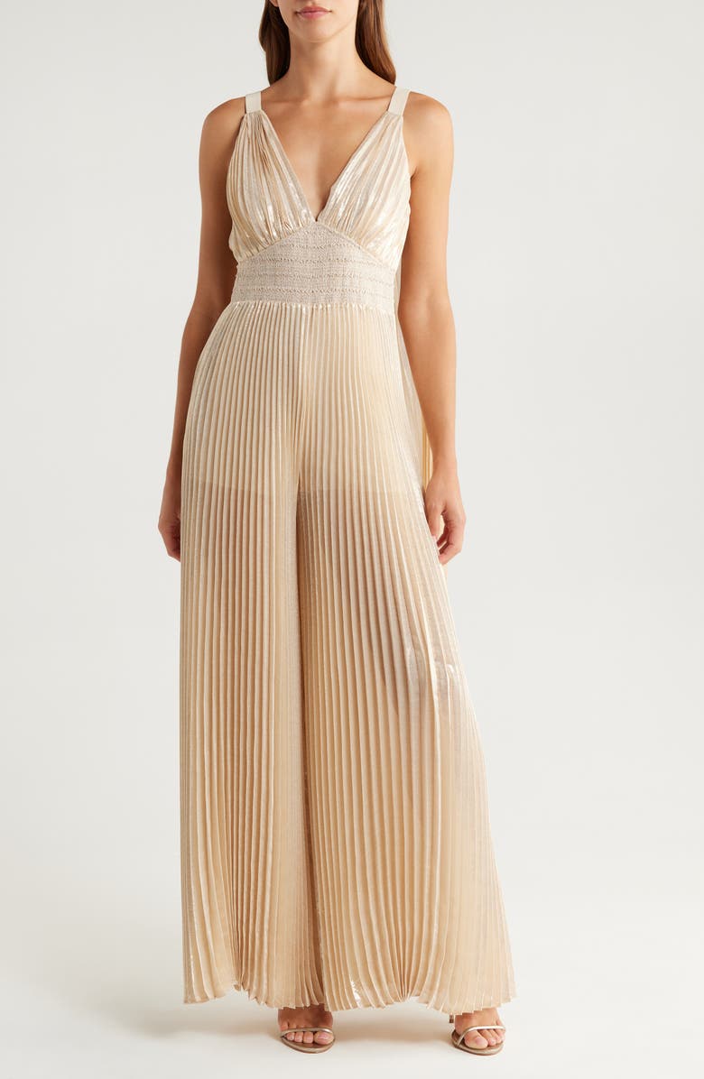 Alice + Olivia Rosalie Pleated Silk Blend Jumpsuit, Main, color, Champagne/ Gold