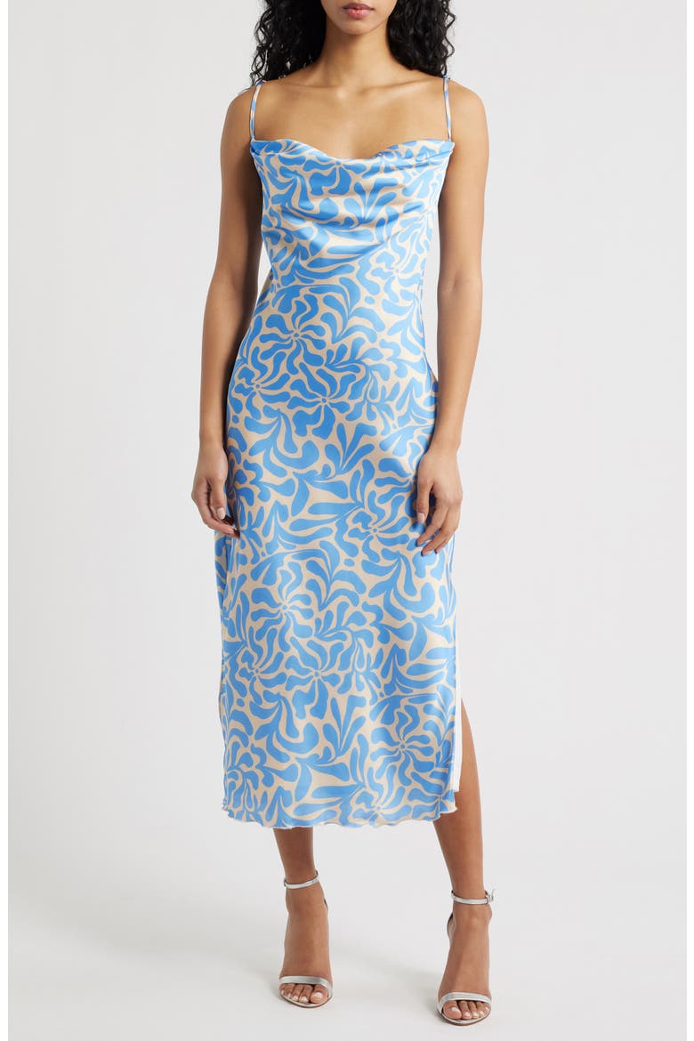 Tie Back Cowl Neck Sleeveless Satin Midi Dress, Main, color, BLUE FLORAL