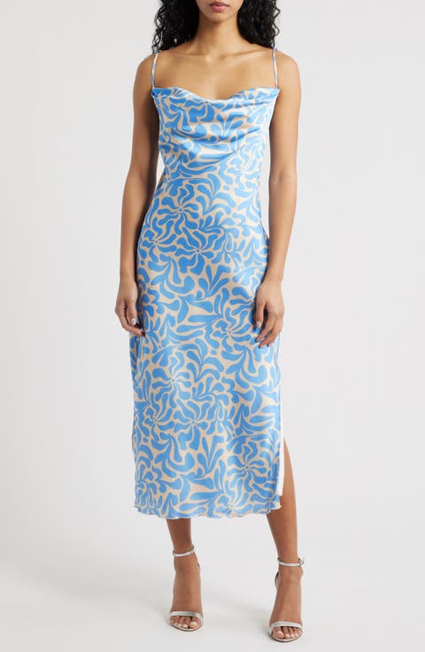 Tie Back Cowl Neck Sleeveless Satin Midi Dress