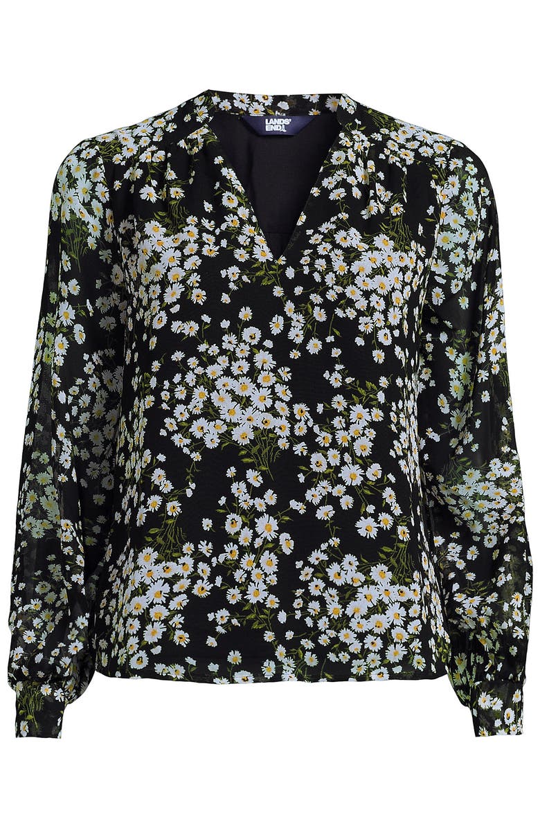 Lands' End Chiffon Removable Tie Neck Blouse, Alternate, color, Black Tossed Daisies