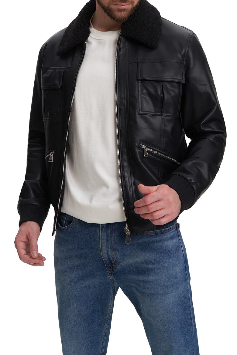 Kash Faux Shearling Collar Faux Leather Jacket, Main, color, BLACK
