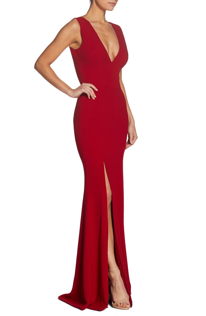 Dress the Population Sandra Plunge Crepe Trumpet Gown, Alternate, color, Garnet