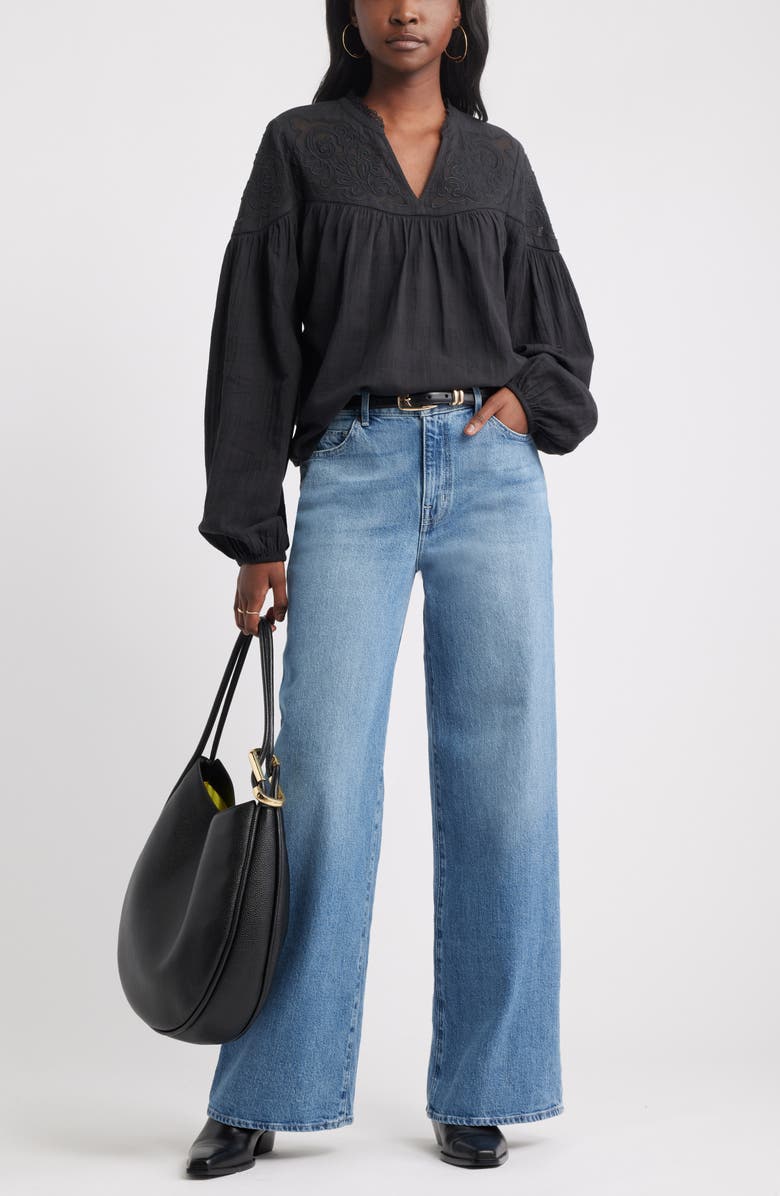 Treasure & Bond Appliqué Yoke Balloon Sleeve Cotton Top, Alternate, color, Black