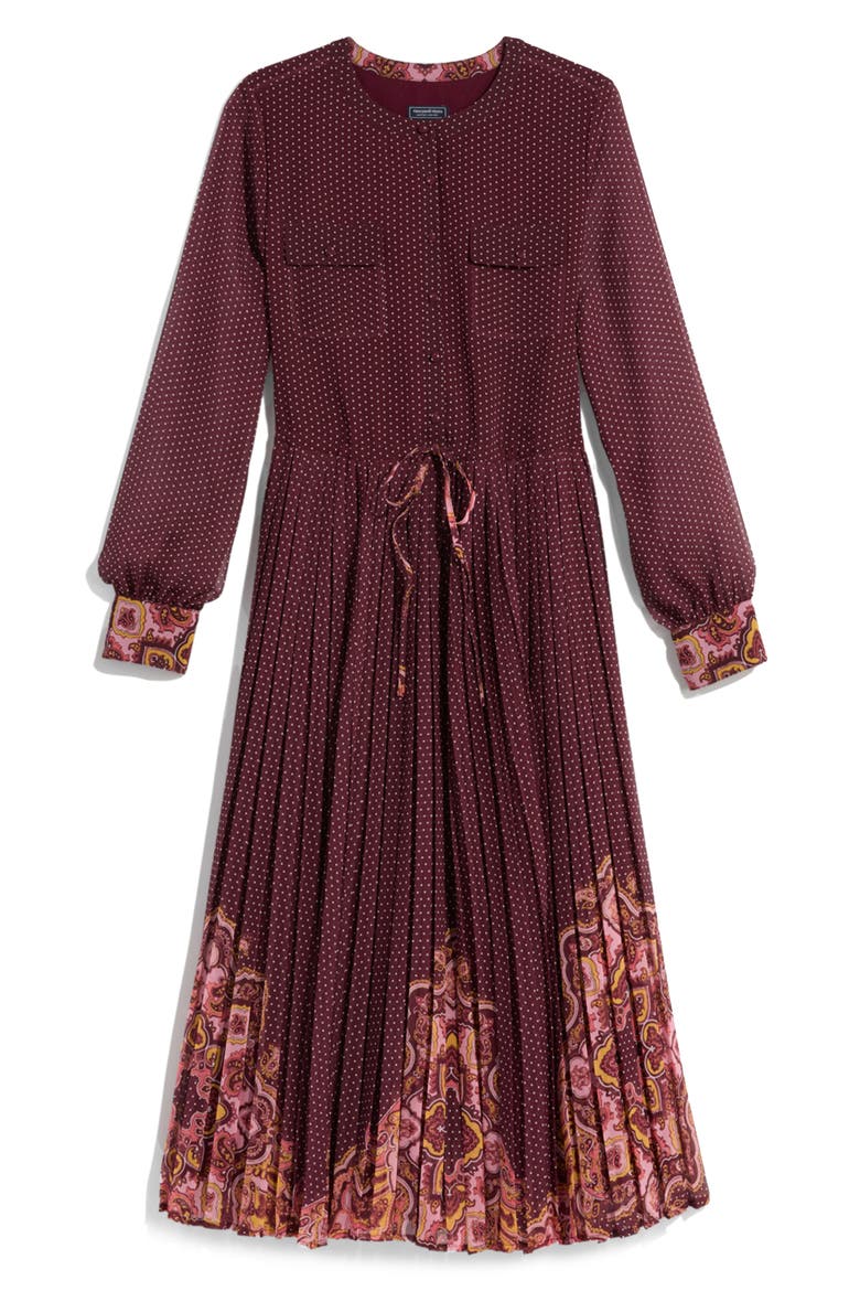 Mixed Print Long Sleeve Pleated Georgette Midi Dress, Alternate, color, PAISLEY MEDIUM CRIMSON