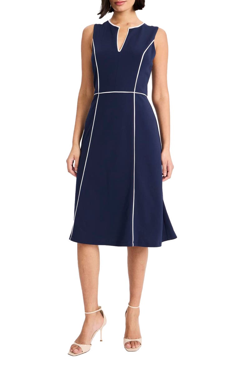 Piped Fit & Flare Midi Dress, Main, color, NAVY BLAZER