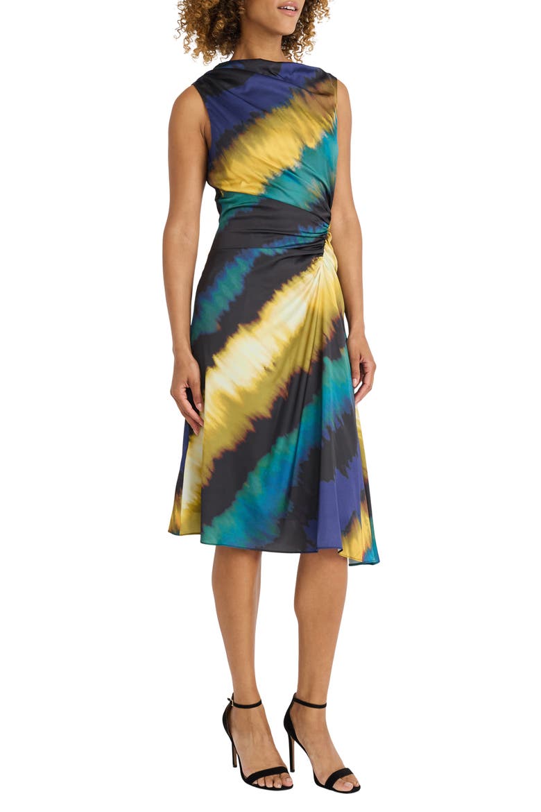 Ruched Asymmetric Hem Midi Dress, Alternate, color, NAVY/ WARM OLIVE