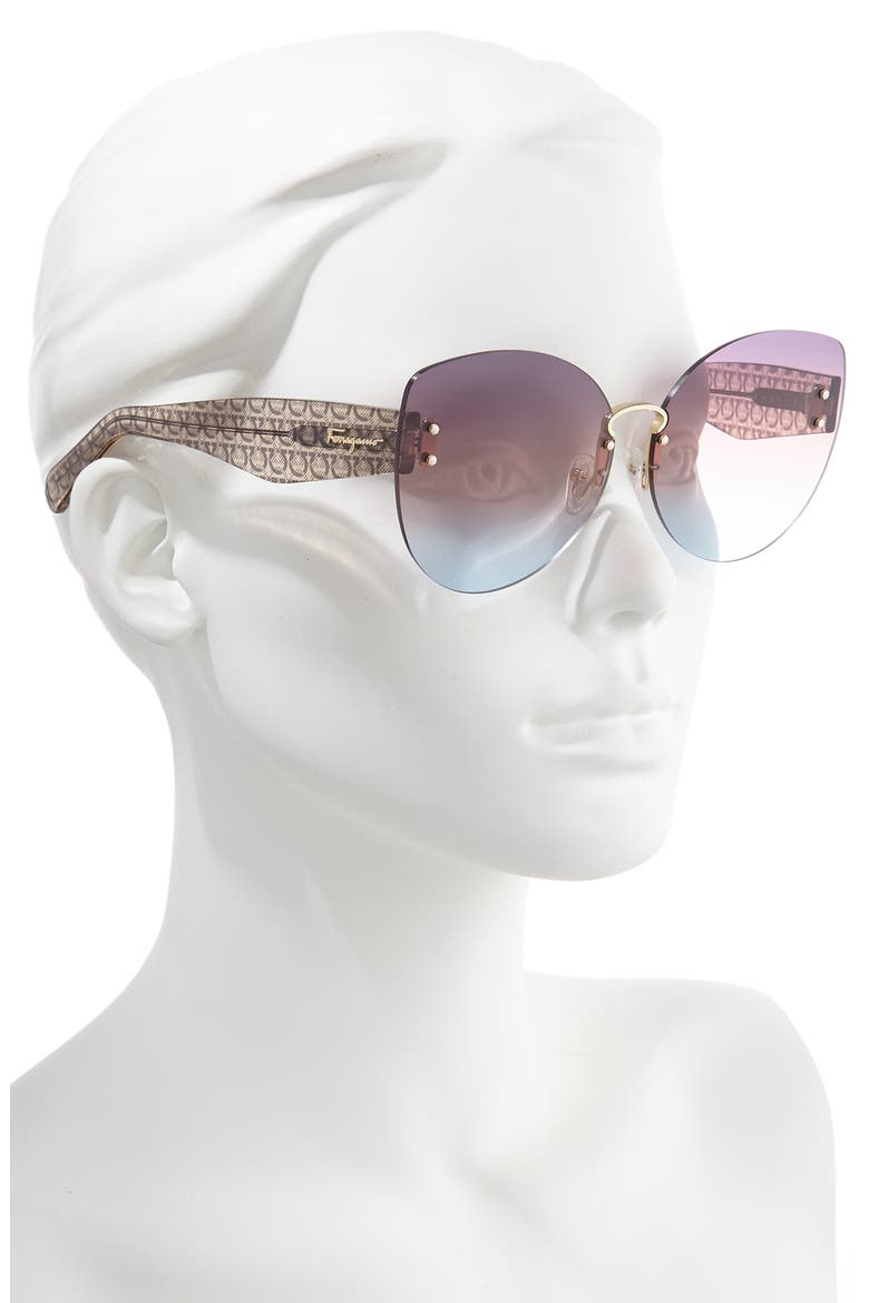 Salvatore Ferragamo 65mm Oversize Rimless Butterfly Sunglasses, Alternate, color, GOLD/ VIOLET ORANGE AZURE